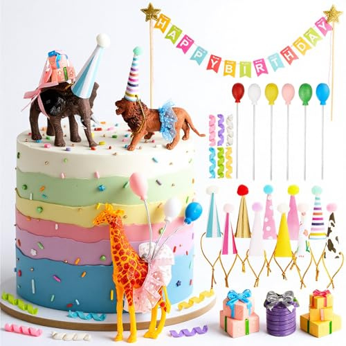 Gemscream 39 Pcs Safari Cake Toppers with Hats Balloons Birthday Banner