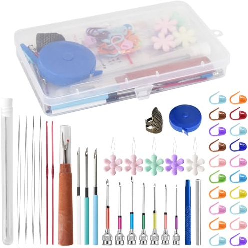 Luxvara 46 Pezzi Punch Cuciture Tool, Ago per Ricamo Aghi da Punzonatura 10 Taglie, Punzonatura per Cucito Regolabili con Marcapunti Uncinetto, Punch Needle Kit con Infila Ago per Lavori Di Cucito