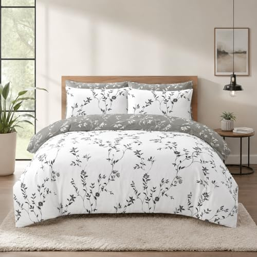 White Double Duvet Set - Premium Brushed Microfiber Duvet Cover & Pillow Cases Super Soft Bedding Sets Breathable Reversible Silver Grey Quilt Covers, Machine Wasable (Double, Grey Floral)