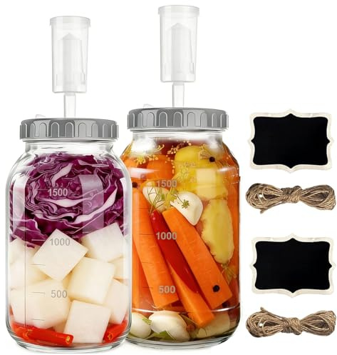 Ayuanb 2 Stück 2L Fermentierglas mit Gärventil, Weite Öffnung zum Einlegen, Kimchi Behälter, Lebensmittel Vorratsglaser, Perfekt für Kimchi, Sauerkraut, Sauertei Starter, Sauerteigstarter