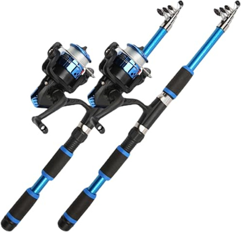 BEAHING 2PCS Combos de caña y Carrete de Pesca telescópicos Caña telescópica de Fibra de Vidrio de 6 pies con Carrete Giratorio de Pescar Antideslizante para Viajes Agua Salada Agua Dulce Azul