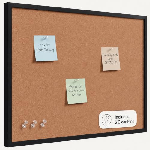 Cork Board 60CM x 44CM Pin Board Notice Office Memo School with Clear Push Pins Black Coloured Wooden Frame Board (60x44cm)