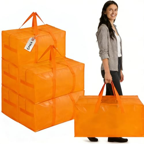 Zandrix 90L Cloths Storage Bags with Zips Waterproof Reusable - 6 Pack | Heavy Duty Foldable Tear-Resistant Moving Boxes Bags with Backpack Straps for Home, Dorm, Christmas Decor, Travelling, Orange