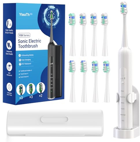 Electric Toothbrush, Sonic Electric Toothbrush for Adults with 8 Brush Heads, Rechargeable Sonic Toothbrush with 5 Modes and 3 Intensities, 60 Days of Use, IPX7, Built-in Smart Timer White