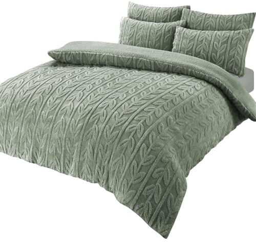 Olivia Rocco Leaf Teddy Fleece Duvet Cover Set Easy Care Quilt Bedding Sets with Pillow Case Thermal Warm Cosy Super Soft Fluffy Comforter Bed linens (Sage Green, Super King)