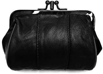 LOLUNA® Porte-Monnaie Femme Cuir Agneau Souple, Fermoir clic-clac modèle Retro, 2 Compartiments spacieux, Couleurs au Choix - Noir