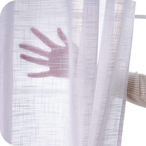 Topfinel Gardinen Kurz mit Ösen Vorhänge Halbtransparent Optik Gardine Weiß 2er Set Ösenvorhang Ösenschal Transparent Durchsichtig Vorhang Kurz für Schlafzimmer Wohnzimmer 140x145 cm (B x H)