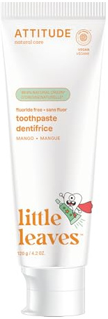 ATTITUDE Kids Fluoride-Free Toothpaste, EWG Verified, Plant- and Mineral-Based Ingredients, Vegan, Sugar-Free, Mango, 4.2 Oz