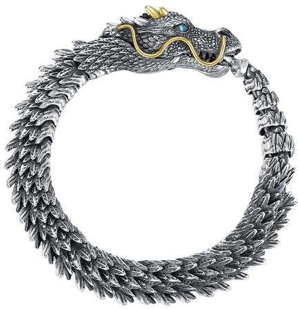 Dirfuny Pulsera de cadena de eslabones de dragón de cobre para hombre, estilo retro, acabado vintage, pulsera de dragón de metal, pulsera de hip hop para hombre