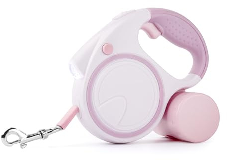 Retractable Dog Lead,Extendable Dogs Lead with LED Pet Retractable Lead with Anti-Slip Handle Detachable Poo Bag Holder for Small Medium Dogs Upto 25Kg with Anti-Slip Handle (Pink)