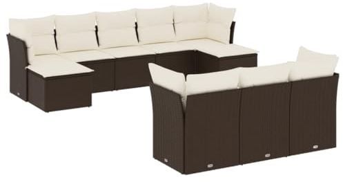 vidaXL Garten Sofa Garnitur 10-TLG., Gartenmöbel Set mit Kissen, Sitzgruppe für Garten Terrasse, Modular Gartensofa Lounge Hocker, Braun Poly Rattan