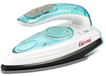 Girmi ST04 Ferro da stiro da viaggio, 1000 W, Piastra Ceramica, Doppio voltaggio 120V/240V, Colpo Vapore 6-15 g/min, Capacità 70 cc, Impugnatura pieghevole, Comodo da mettere in valigia, Azzuro