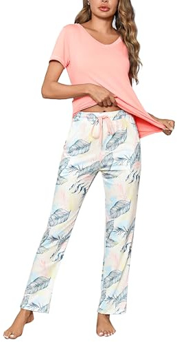 Litherday Ensemble de Pyjama Femme Coton Vêtements de Nuit à Manches Courtes + Bas de Pyjama à Carreaux Vêtement d'Intérieur Rose foncé XL