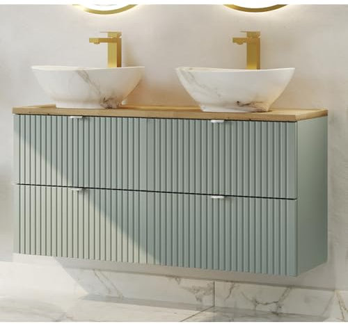 Lomadox Double vasque 120 cm, vert et chêne, avant rainuré, montage suspendu, faible profondeur 40 cm