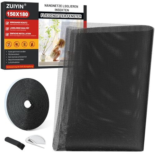 ZUIYIN Fliegengitter Fenster - 150x180cm - Ohne Bohren Insektenschutz Fenster Zuschneidbar mit Starker Klettband Fliegennetz & Mückennetz für Fenster