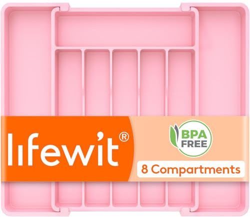 Lifewit Expandable Cutlery Drawer Organiser, 6-8 Compartments Utensil Tray | Adjustable Kitchen Drawer Dividers for Spoons Forks Knives, Plastic Storage Holder, 28-45 x 35 cm, Medium, Pink