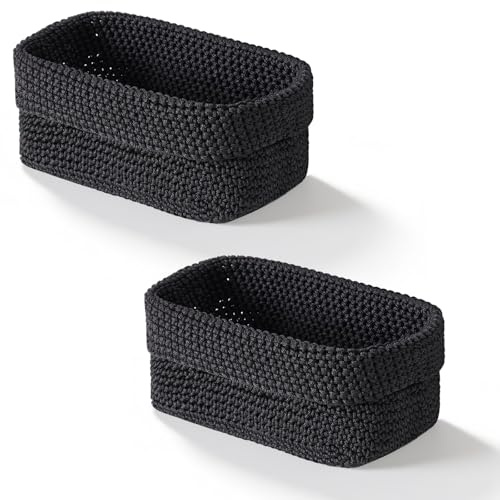 Foonary 2 cestini piccoli di colore nero, quadrati all'uncinetto, 13 x 15,5 x 21 cm, cestino portaoggetti per bagno e bagno, cestino per la parete e il tavolo, in tessuto fatto a mano