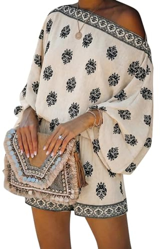 Sinyuyong Completo da donna Boho in 2 pezzi, top e pantaloncini in lino con maniche a lanterna, completo for vacanze estive in spiaggia(White,M)