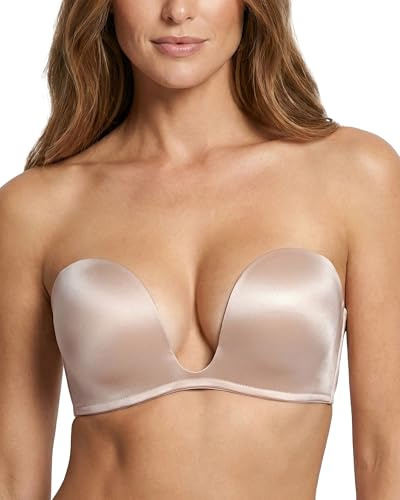 DotVol Sujetador sin Tirantes Push up para Mujer Escote Profundo U con Relleno Media Copa（95B,Beige）