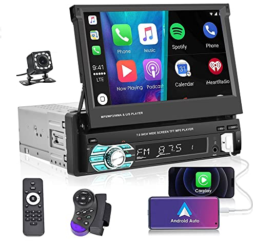 Podofo 1 DIN Radio de Coche Compatible con Apple Carplay y Android Auto, Pantalla Táctil Retráctil de Radio MP5 de 7 Pulgadas para Automóviles con Receptor de Radio FM Bluetooth + Cámara de Respaldo