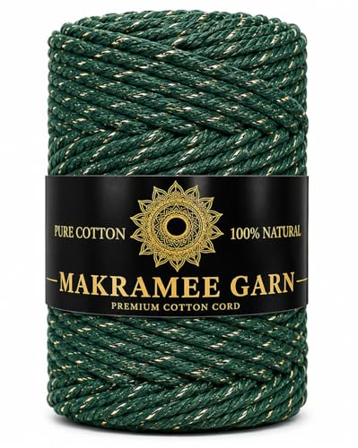 Makramee Garn. Baumwollgarn Kordel. 100% Natur Baumwoll-Kordel. Gold- oder Silberfaden. Perfekt für Basteln, DIY, Handwerk & Stricken. 100% Natur Baumwollgarn, Dicke Macrame (Grün Gold, 200m/3mm)