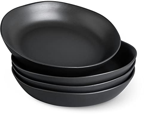 AmorArc 9.75'' Ceramic Large Pasta Bowls, 38oz Stoneware Flat Serving Bowls Set of 4, Oven,Microwave&Dishwasher Safe Bowls with Wavy Rim for Fruit Pasta Salad Meal, Matte Black