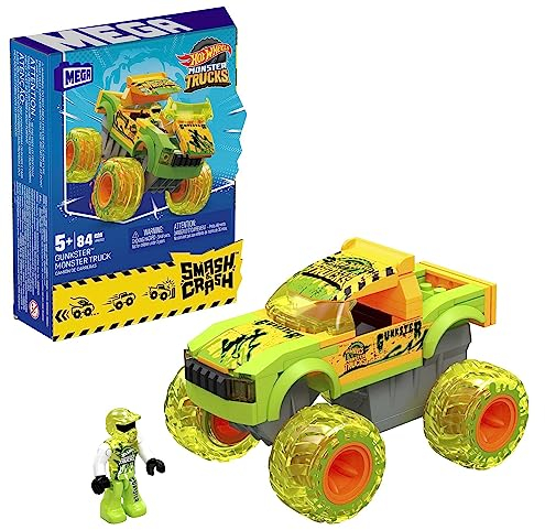 MEGA Hot Wheels Monster Trucks Building Toy Car, Smash & Crash Gunkster with 84 Pieces, 1 Micro Action Figure Driver, Green, Kids Age 5+ Years, HNG52