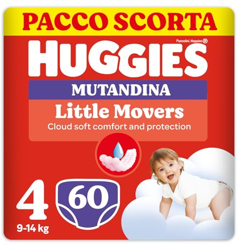 Huggies Little Movers Pannolini Mutandina Taglia 4 (9-14 kg), Ultra assorbente, Protezione completa, Pacco Scorta, 60 Pz
