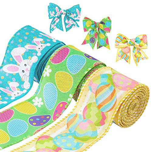 3 Rollos de Cinta de Pascua, 14m Cinta Alambre de Pascua con Conejito Cinta para Envolver Huevos de Pascua Cinta Borde Alambrada Decorativa para Suministros Manualidades Regalo (3 Estilos)