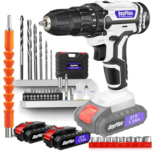 Perceuse Visseuse Sans Fil 21V,Visseuse Devisseuse Sans Fil,25+1 Réglages de Couple, 29Accessoires, 45Nm, 2 Vitesses, LED, 2 Batteries 1500mAh kit de bricolage pour la maison et le jardin
