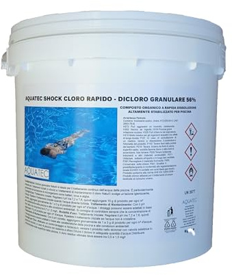 AQUATEC Cloro per piscina rapido dicloro granulare 56% a Rapida Dissoluzione per Trattamento Shock e Mantenimento Acqua di Piscina (5, Chilogrammi)