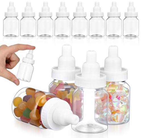 Ciieeo 12Pcs Mini Baby Bottles, Clear Plastic Candy Container, Feeding Bottle Shower Favor, White Two Piece Lid Treat Box, Gender Neutral Newborn Christening Table Decor Pack
