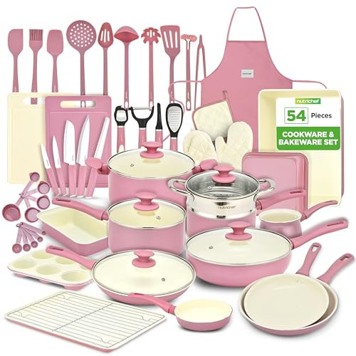 NutriChef Set 54 Pezzi con Pentole, Padelle e Teglie da Forno in Ceramica Antiaderente, Utensili, Coltelli, Compatibile Gas, Elettrico e Induzione
