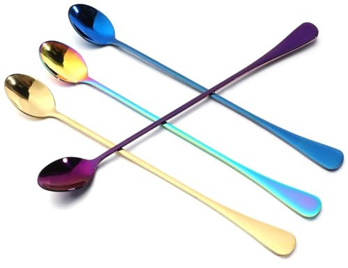 Dimeho Cucchiaio con manico lungo 24 cm, 4 cucchiaini da tè ghiacciati in acciaio inox, per mescolare tè, caffè, frappè, bevande fredde cucchiaini da caffè lunghi