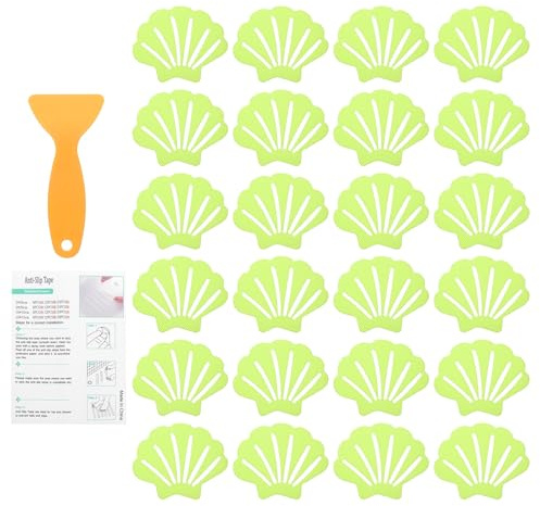sourcing map 24Pcs Non-Slip Bathtub Stickers, 9x7 cm Shell Shape Shower Floor Non Slip Stickers with Scraper for Bathroom Shower Stairs Ladders, Grass Green