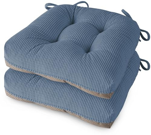 MineCozy Seat Cushions for Dining Chairs Set of 2, 46X42X8cm, Light Blue | Non-Slip, with Ties, Tufted Textured Fabric, for Kitchen, Study, Dining Room, Living Room, for Standard Hardwood Chairs