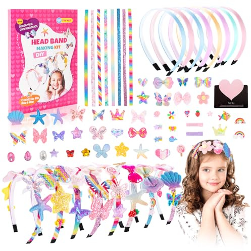 BBWELL Kit de Fabrication de Bandeaux pour Filles,Cadeau Fille 3 4 5 6 7 8 9 10 Ans,8 Pcs Accessoire Cheveux Bricolage,124 Accessoires+Cartes,Activites Manuelles pour Enfants,Jouet Enfant 4-10 Ans