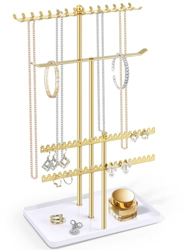 MOFASVIGI Jewellery Stand Organiser, Necklace Stand holder For Women | 3 Tier Metal Jewelry Organiser For Necklace, Bracelets and Earring ,Gift For Girls