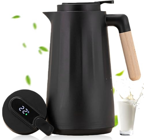 Termosflaska 1 l termosflaska med trähandtag och glasbeläggning, termosflaska med temperaturvisning, termosflaska för kaffe, te, tekanna, termosflaska för hem, kontor, hotell, svart
