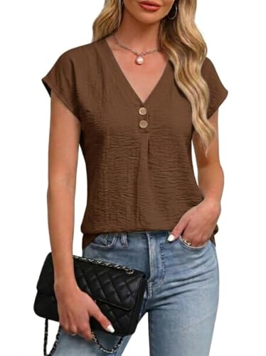 GLEENOD Blusa Mujer Verano Cuello en V Volantes Holgada Elegante | Cuello en V con manga de volantes, corte holgado y ligero, ocio, oficina y playa