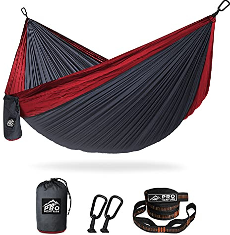 Pro Venture Camping Hammock 500 lb Capacity – Portable Double Hammock with Tree-Friendly Straps and Carabiners, Lightweight for Backpacking, Hiking, Travel, Beach, Backyard