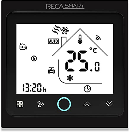 BecaSmart Series 002 Termostato Inteligente WiFi, Termostato de Ambiente de Dos Tubos con Pantalla Táctil para Acondicionadores de Aire Fan Coil con Soporte de Voz Inteligente, Negro
