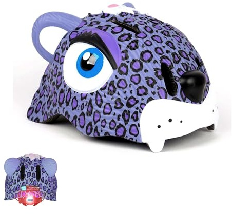 Casco de Bicicleta para niño Crazy Safety | Casco de Bici para niño de 2 a 7 años para Skate, Bicicleta, Patinete, monopatin| Casco de Animal 3D Ligero y Ajustable 49-55 cm (Leopardo Morado)