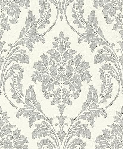 Rasch Wallpaper 541625 - White Non-Woven Wallpaper with Ornaments in Baroque Style, Silver, Glitter