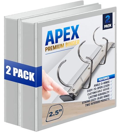 2 Pack of 2.5” Smooth Opening Angle D-Ring View Binders, Professional Presentation Folder for Standard Pages with Inside Pockets, and Customizable Clear View Binder PVC-Free