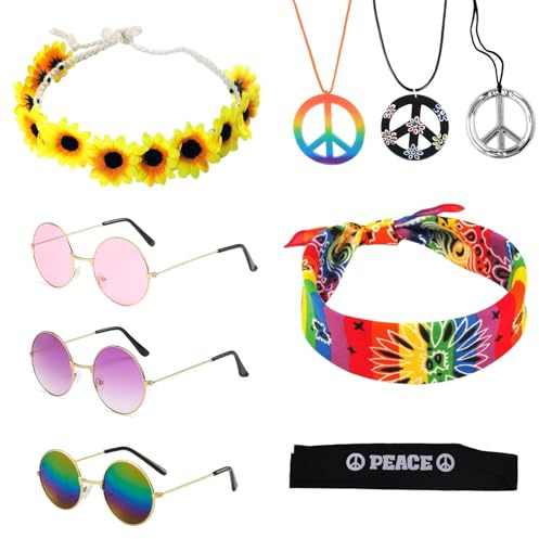 TSHAOUN ensemble de 9 pièces Hippie Costume Set,Ensemble de Costume Hippie Rétro Accessoires,Deguisement Lunette de Signe de Paix Bandeau,pour Soirée à Thème de la Mode des Années 70 et 80(9 pièces)