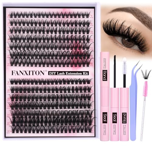 FANXITON DIY Individual Eyelash Extension Kit, Thick Volume Lash Clusters 40D+50D D Curvature, 280 Pieces Thin Band Cluster Lashes with Bond and Seal Tweezers