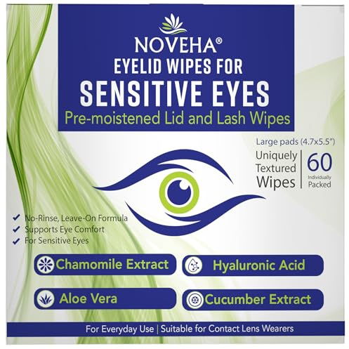 NOVEHA Eyelid Wipes - For Delicate Lashes and Eyelids - With Hyaluronic Acid, Chamomile, and Aloe Vera - Individually Wrapped Pre-moistened Pads (60 Wipes)