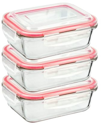 HOMESHOPA Airtight Glass Food Storage Container, 620ml, 3 Pack BPA-Free & Leak Proof Silicone Seal Plastic Lids, Glass Meal Prep Takeaway Lunch Boxes