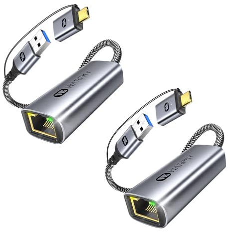 WARRKY Adaptateur USB Ethernet, 1Gbps Adaptateur Ethernet USB, 2-en-1 Adaptateur USB 3.0 et USB-C vers RJ45 Réseau LAN, Compatible avec MacBook Pro, iPad Pro, iPhone 15, Surface, Windows - 2 Paquets